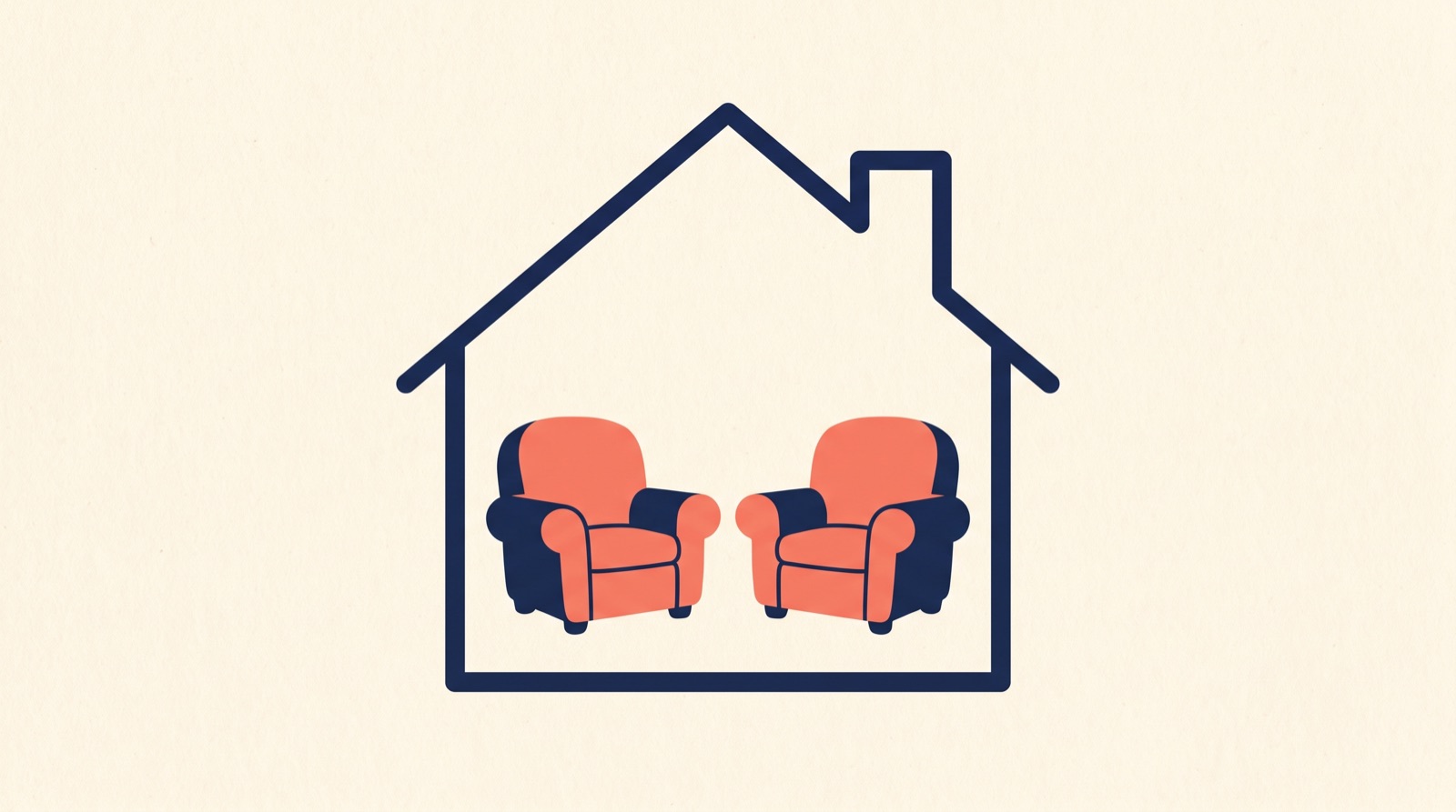 Flat illustration of the outline of a single navy house containing two coral armchairs sitting side by side.