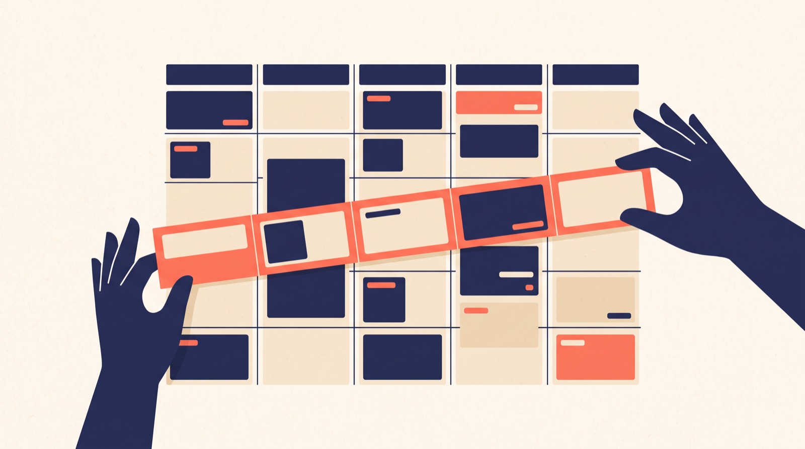 Flat illustration of a weekly timetable grid with blocks of colour, one row being lifted and repositioned.