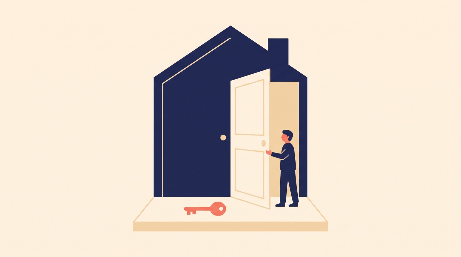 Flat illustration of a house made of two overlapping doors, one held open by a small figure inside, on a cream background with a coral key.