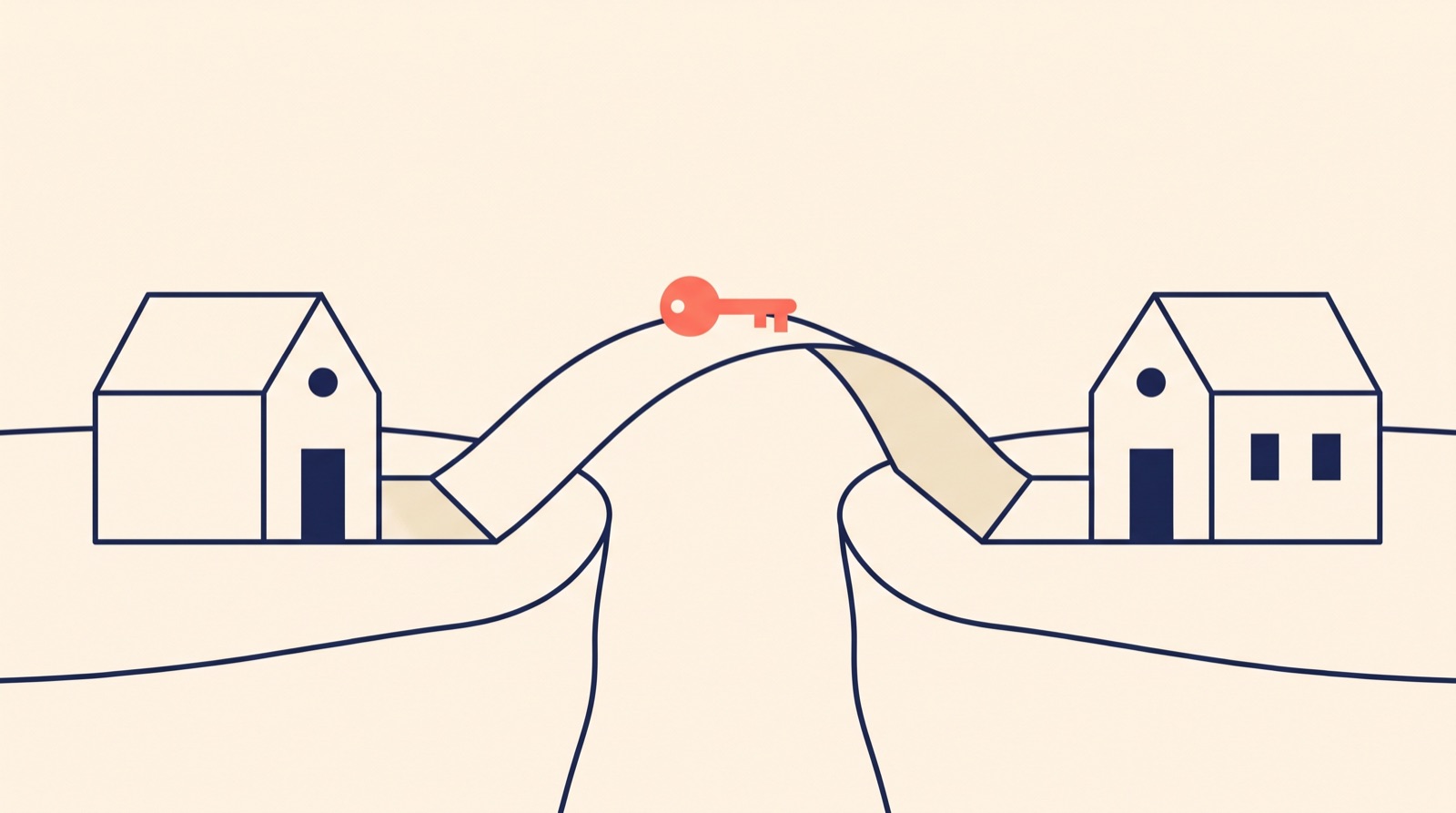 Flat illustration of two small houses joined by a folded paper bridge, with a coral key resting at its midpoint.