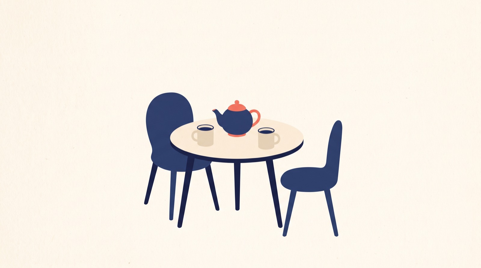 Flat illustration of two chairs at a kitchen table with a teapot between them, one chair slightly further back from the table.