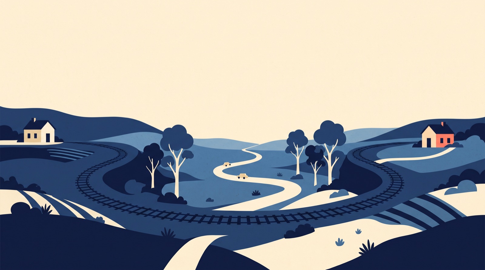 Flat illustration of two small houses at opposite ends of the frame, linked by a long curving railway line and a winding road.