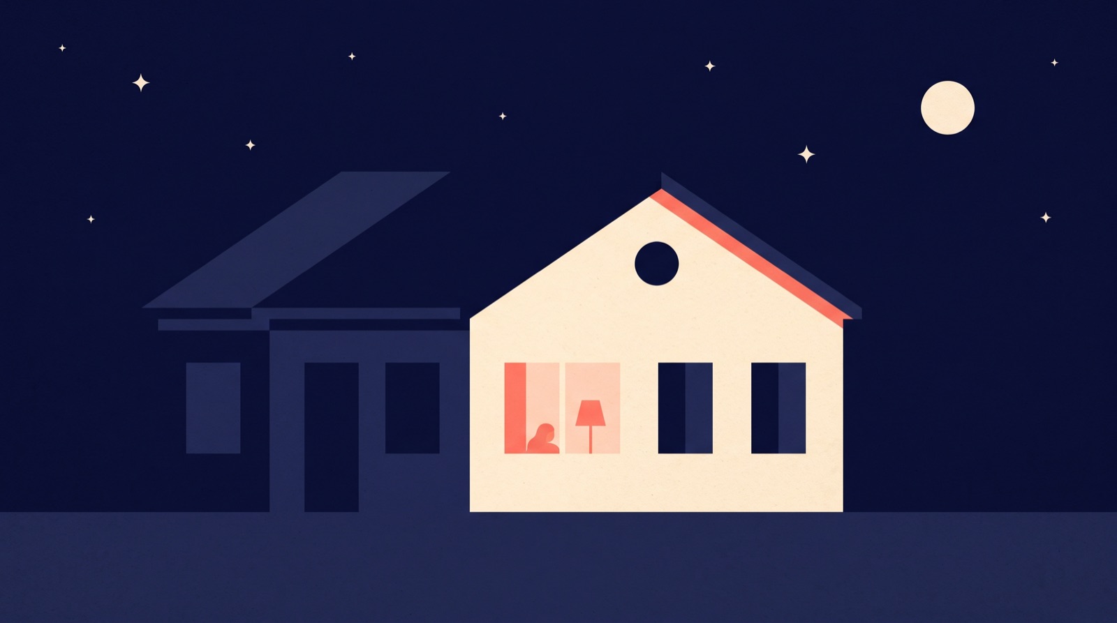 Flat illustration of a house at night with several windows dark and one window softly lit, a single lamp shape at the centre.