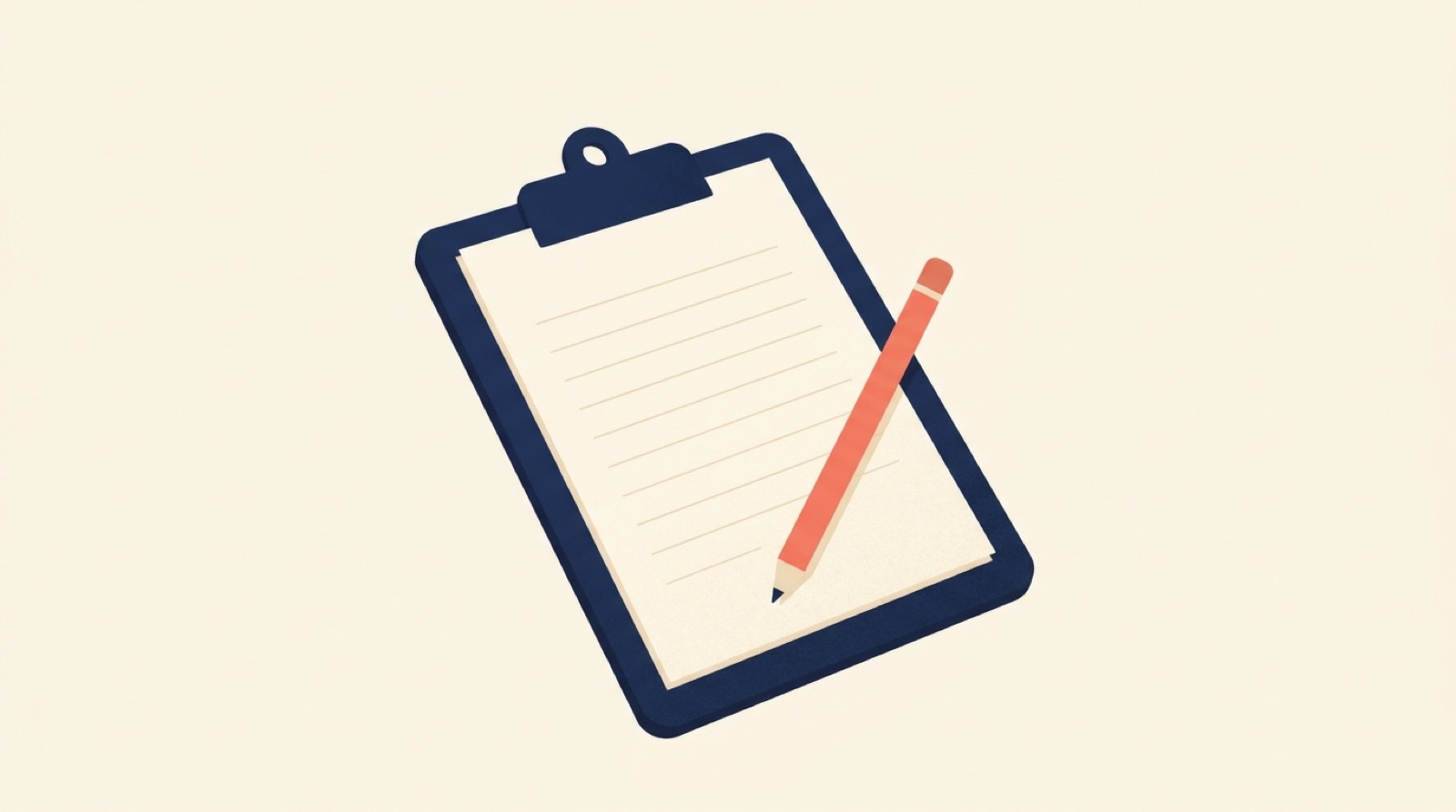 Flat illustration of a navy clipboard with blank ruled lines and a coral pencil resting across it on a cream background