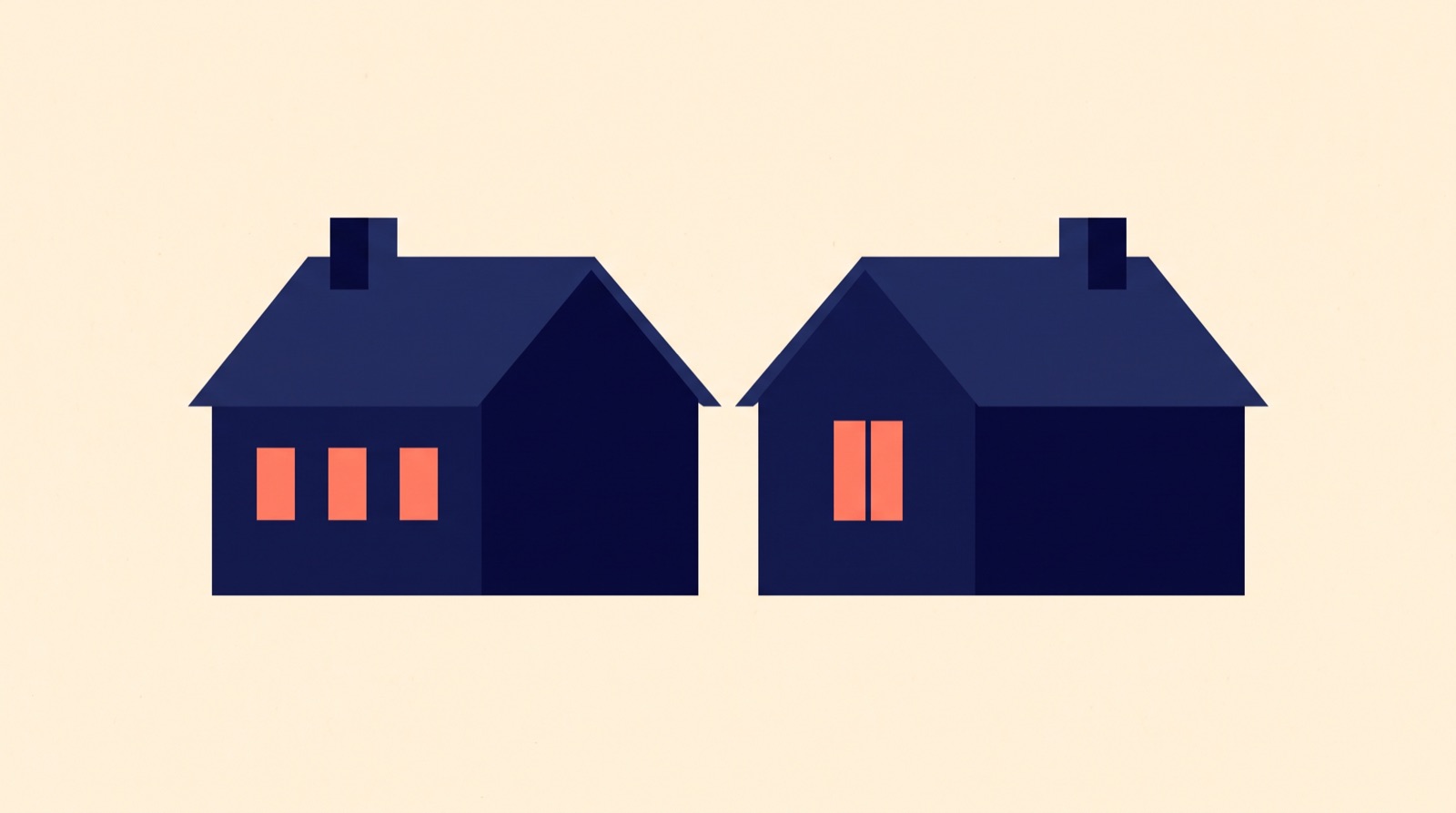 Flat illustration of two navy houses side by side, the left with three coral lit windows and the right with two.