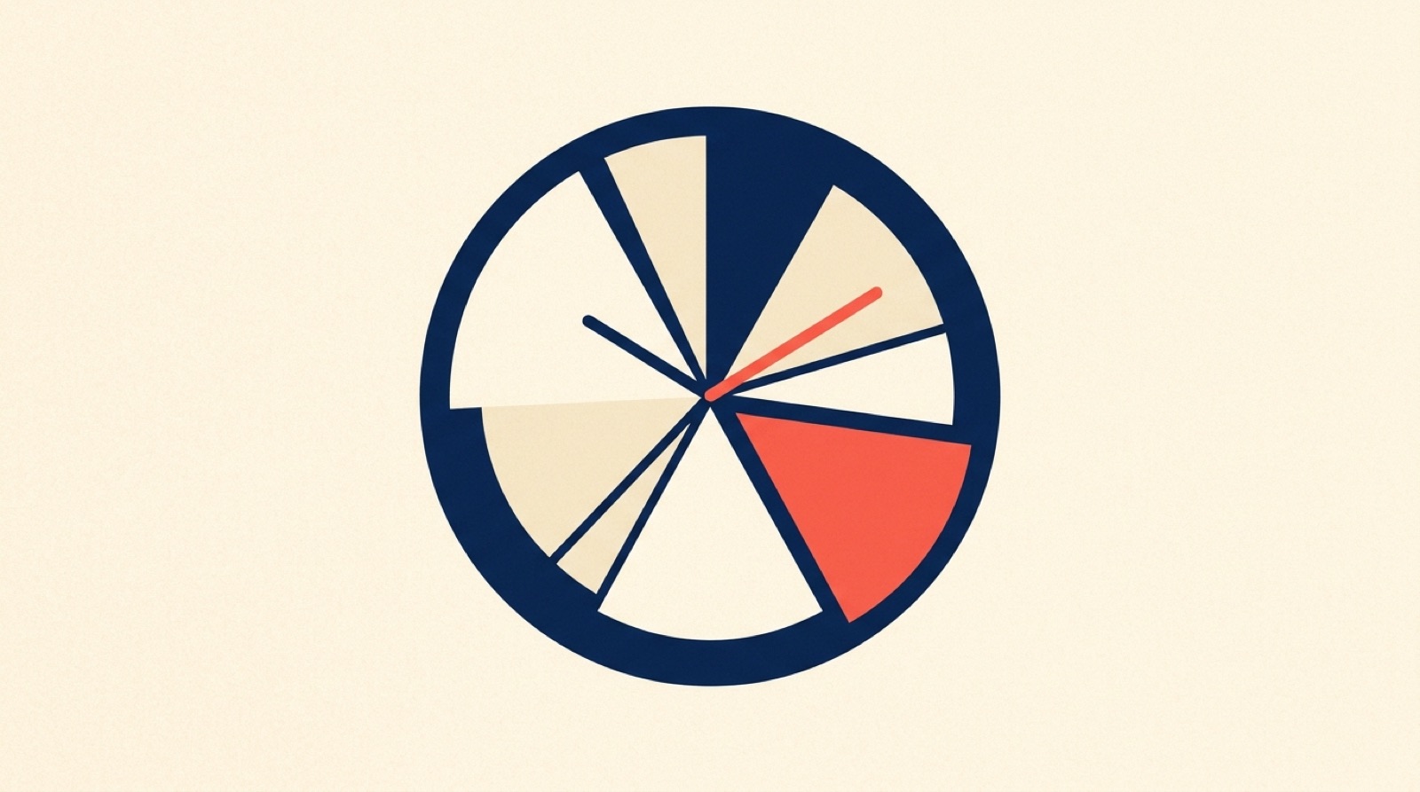 Flat illustration of a navy clock face whose hours are divided into unequal coral and cream segments on a cream background