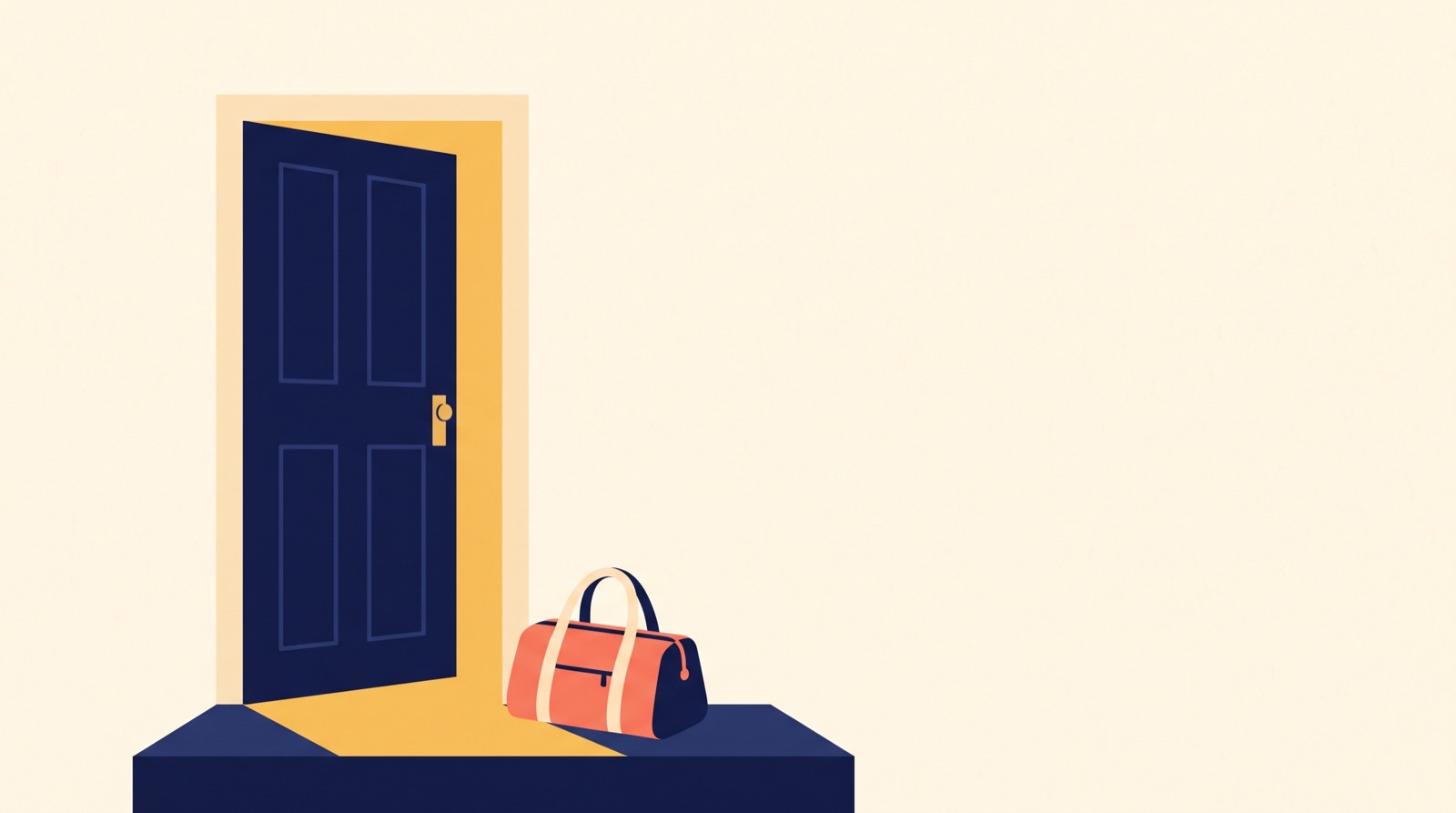 Flat illustration of a front door standing ajar with warm light spilling across the step, and a packed overnight bag resting beside it.