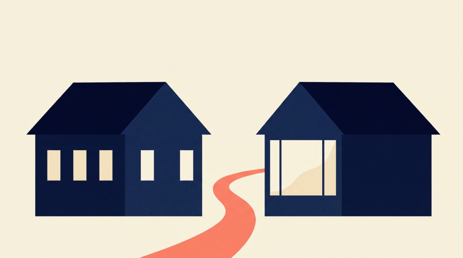 Flat illustration of two navy houses side by side, one with small windows and one with a large window, a coral path between them