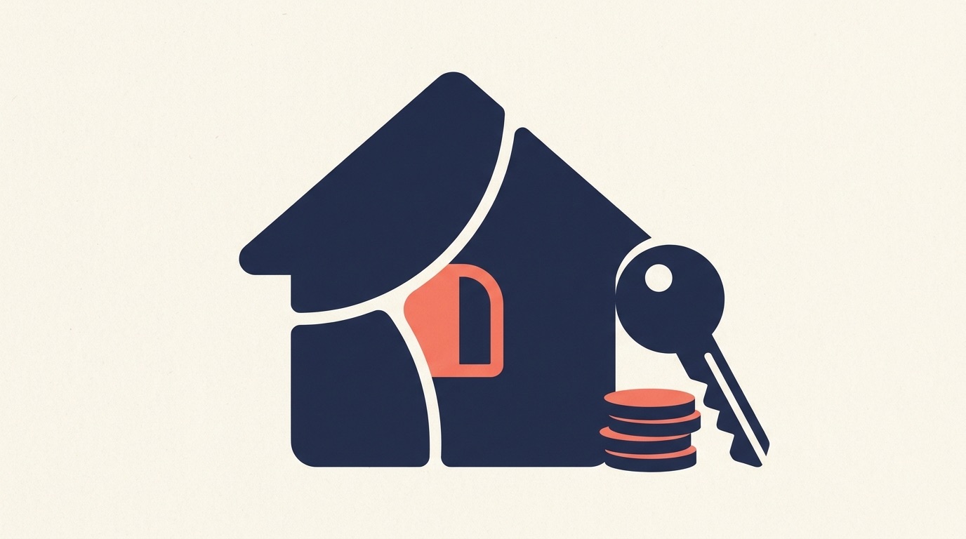Flat illustration of a navy house divided into three parts, with a key and coins resting beside it on a cream background