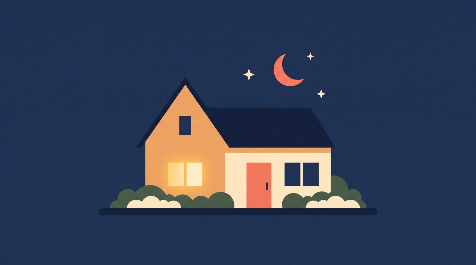 Flat illustration of a suburban house at night with one window softly lit, a crescent moon and a few stars above the roofline.