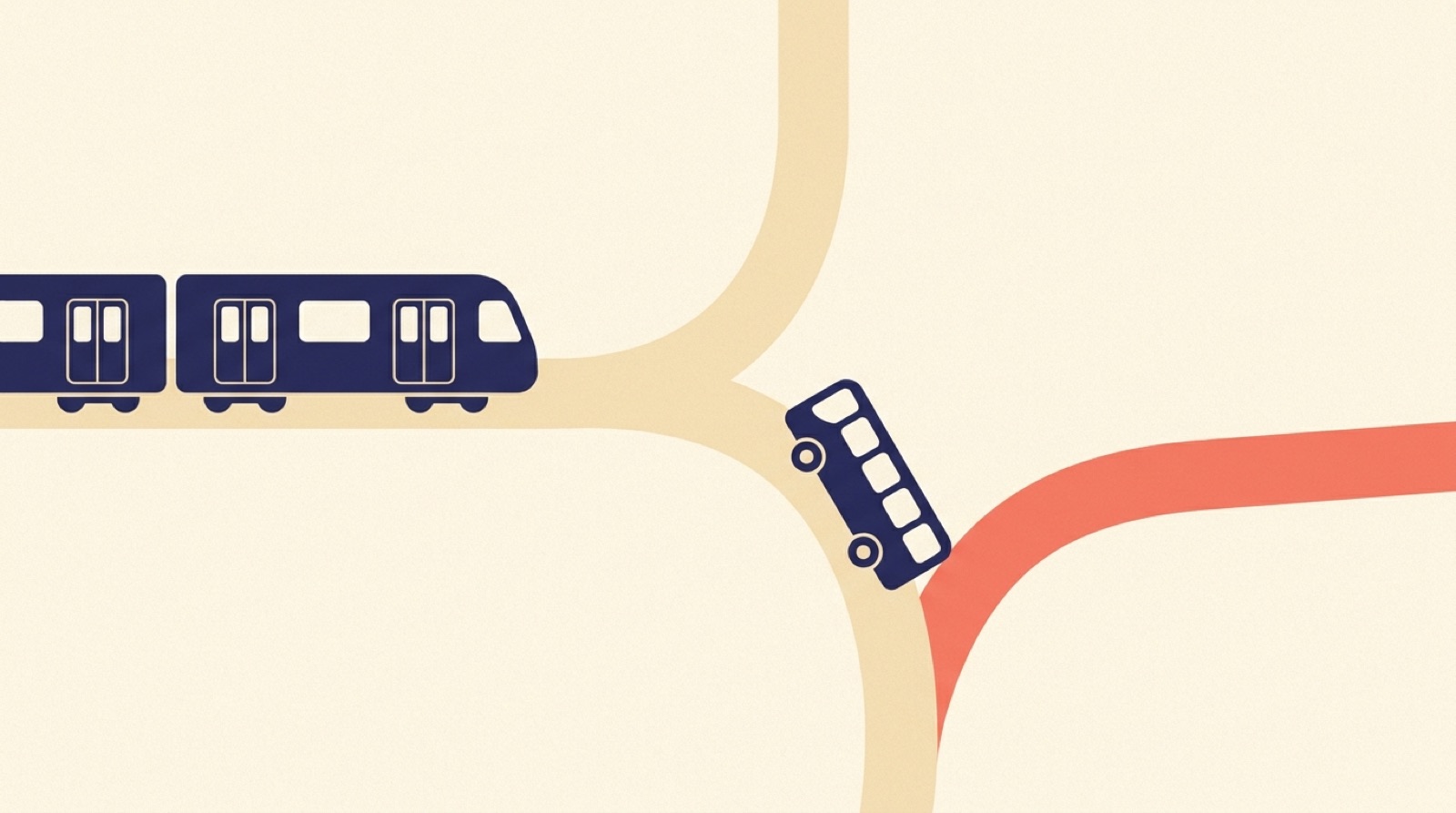 Flat illustration of a navy train and a navy bus meeting at a curved junction of cream lines, with one coral line branching away