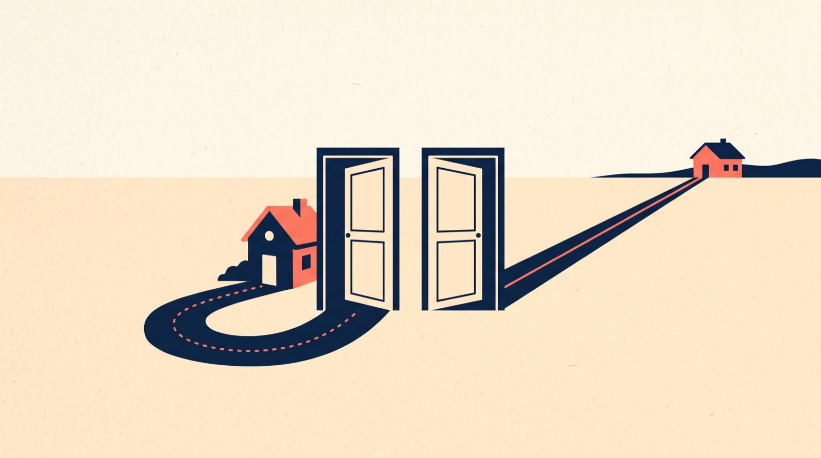 Flat illustration of two open doorways: the left path loops back to the same house, the right runs straight to a different house.