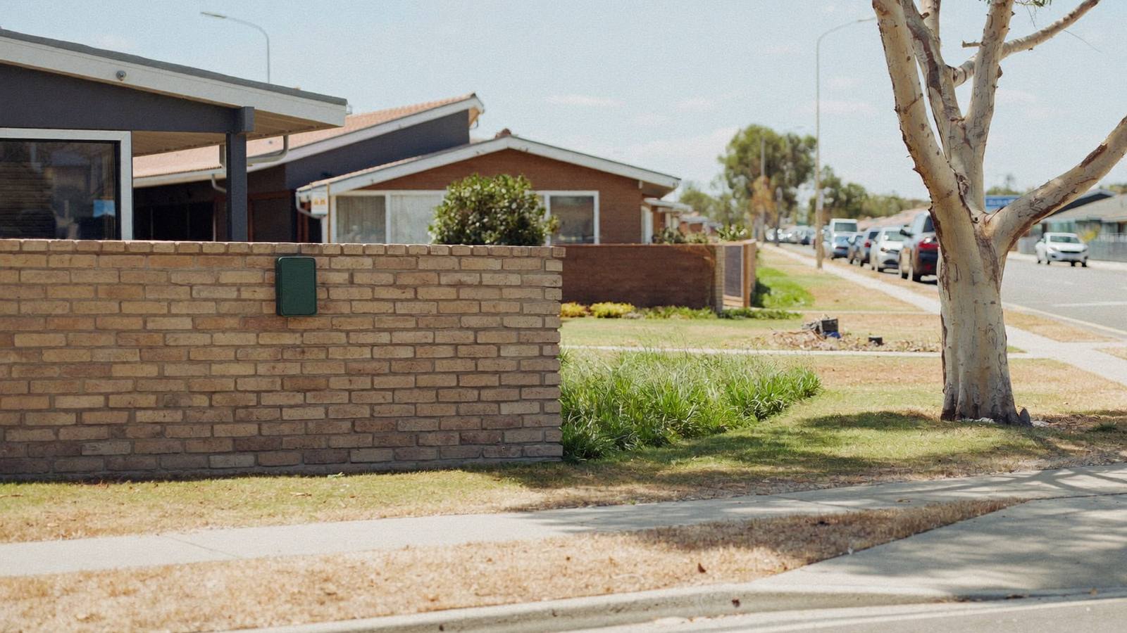 A quiet Australian suburban street, footpath and brick front fence in the foreground, brick veneer houses with tiled roofs, a gum tree on the verge.