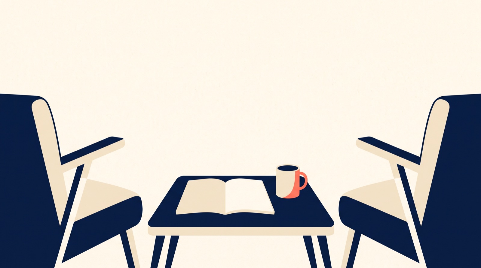 Flat illustration of two chairs facing each other across a low table with a notebook open on it.