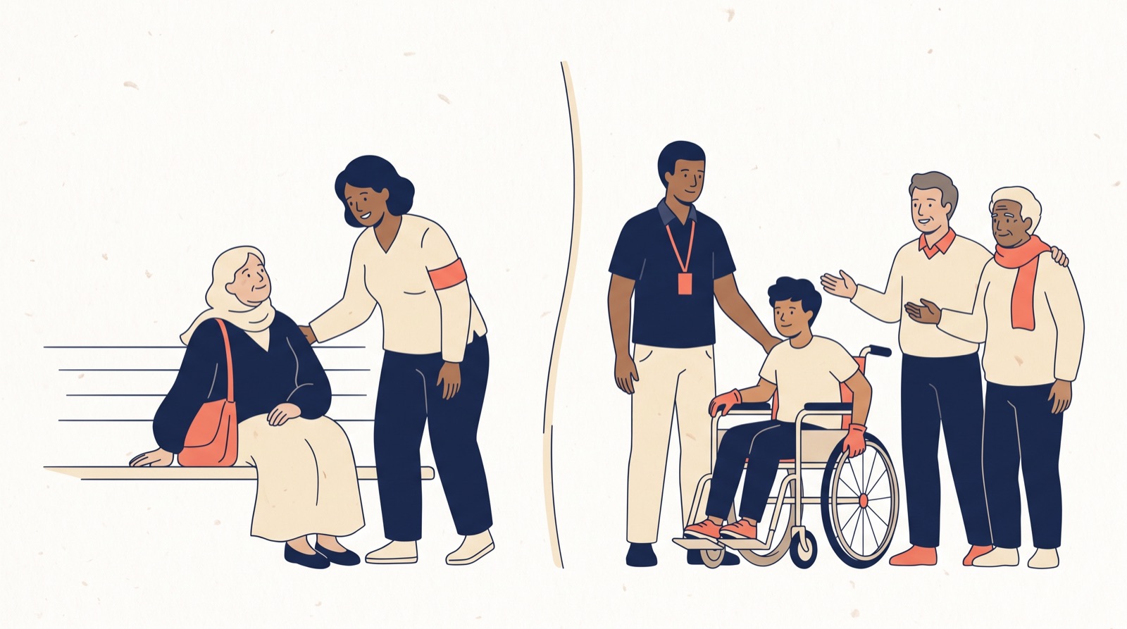 Flat illustration of one figure and a worker on one side of a gentle divide, and a worker with three figures on the other.