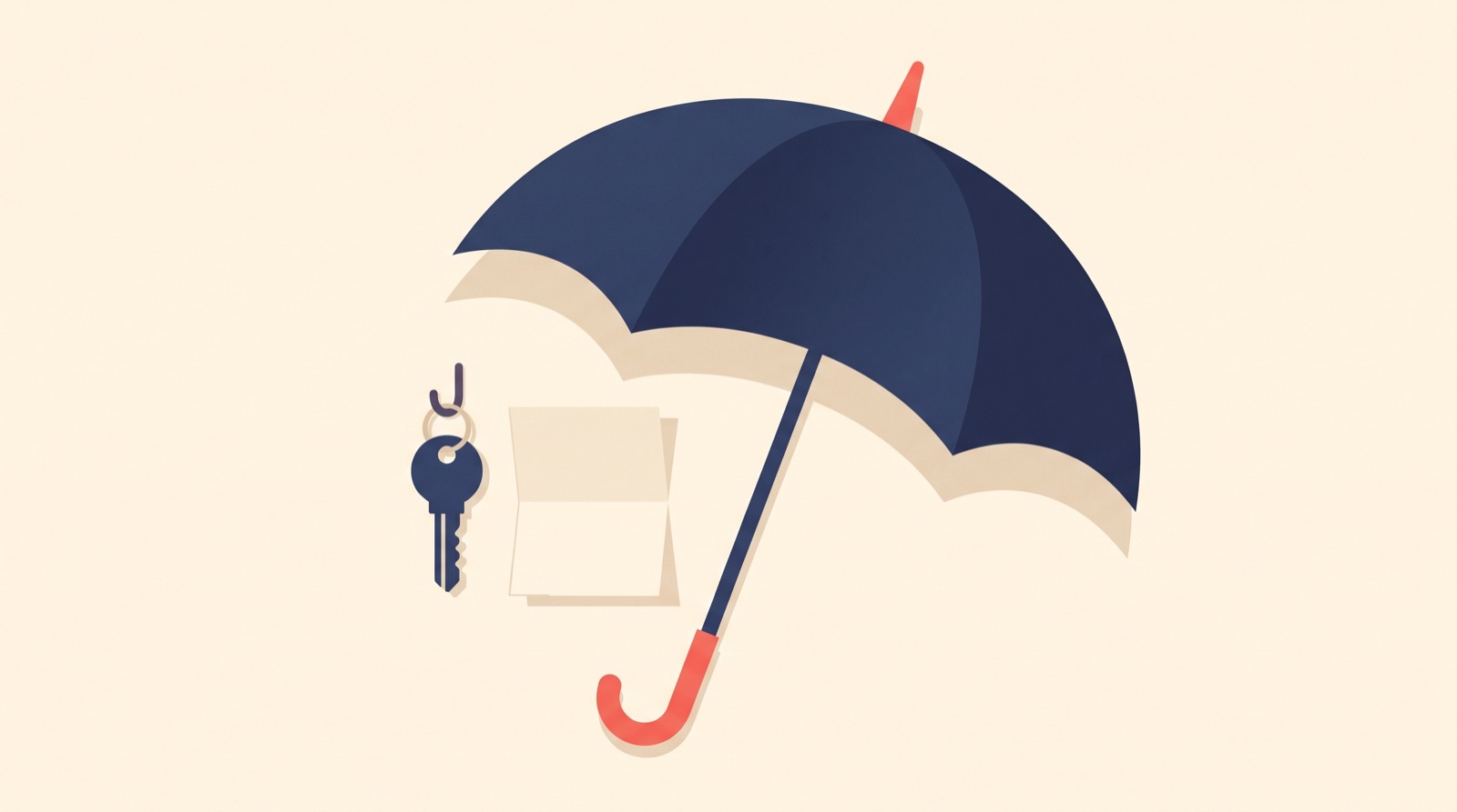 Flat illustration of a spare house key on a wall hook beside a blank folded note, with an open umbrella shape above them.
