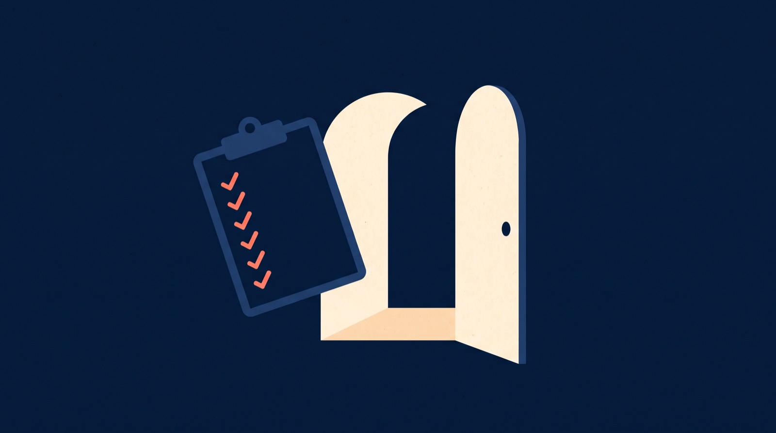 Flat illustration of a navy clipboard marked with a column of coral ticks, beside an open cream door on a dark navy background.