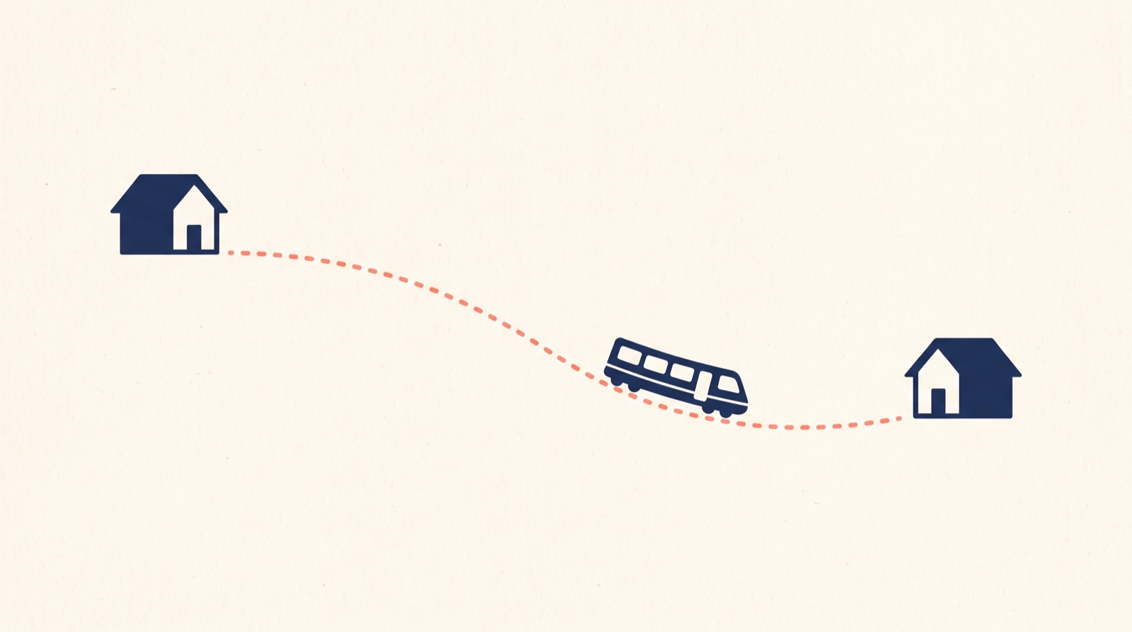 Flat illustration of two navy houses joined by a dotted coral line, with a small navy train travelling along it.