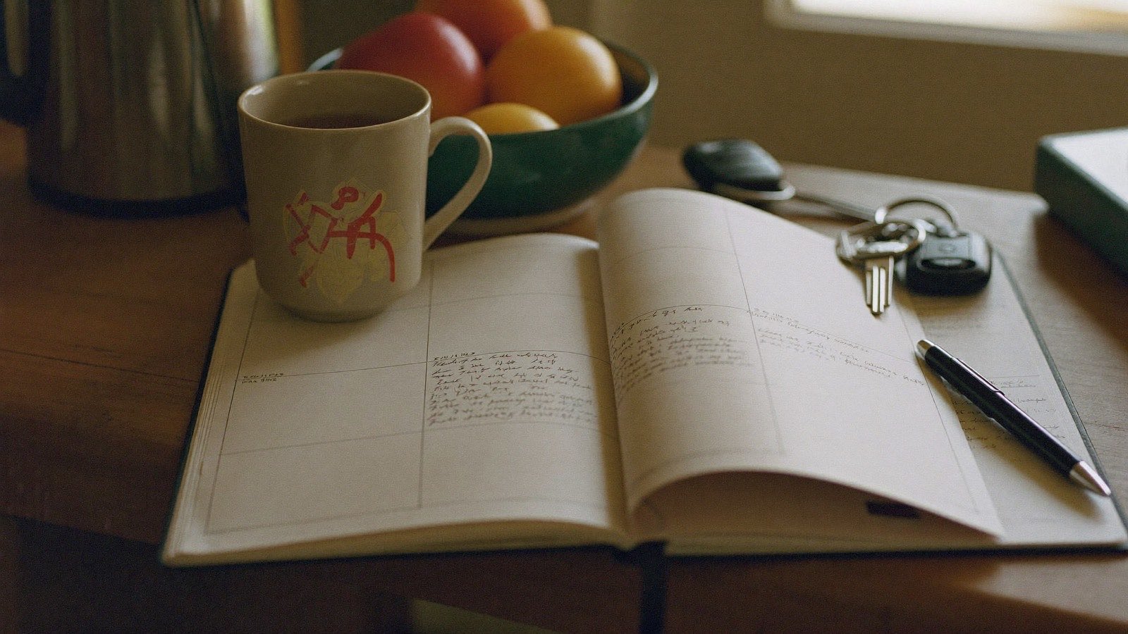 A paper weekly planner and a pen on a kitchen bench beside a mug, morning light, handwriting blurred and unreadable.