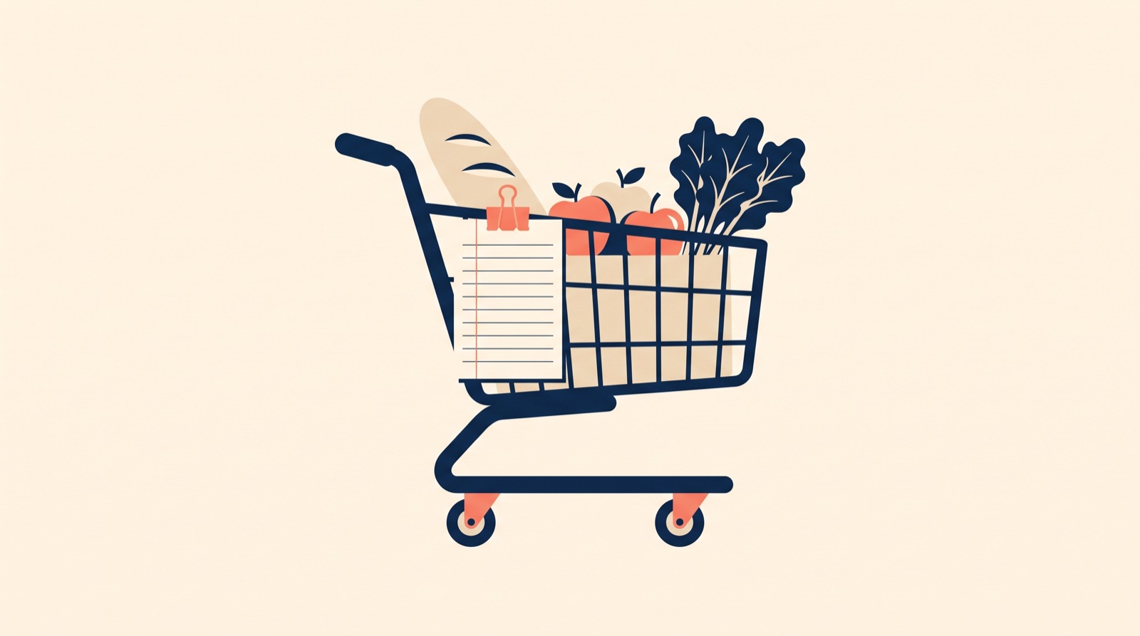 Flat illustration of a shopping trolley holding a loaf, apples and leafy greens, with a blank ruled notepad clipped to the handle.