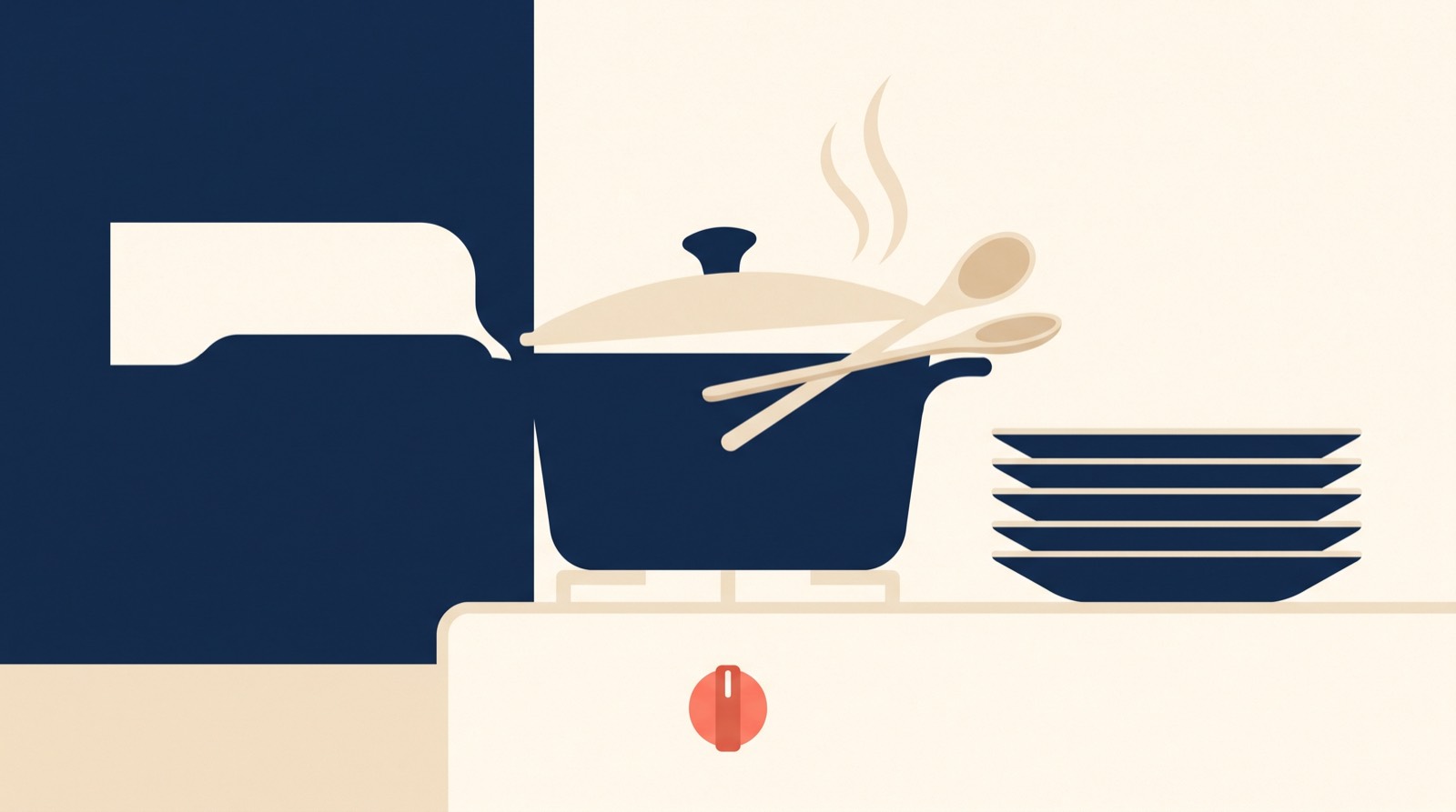 Flat illustration of a navy cooking pot steaming on a stove top, two wooden spoons resting across its rim and a stack of plates beside it.