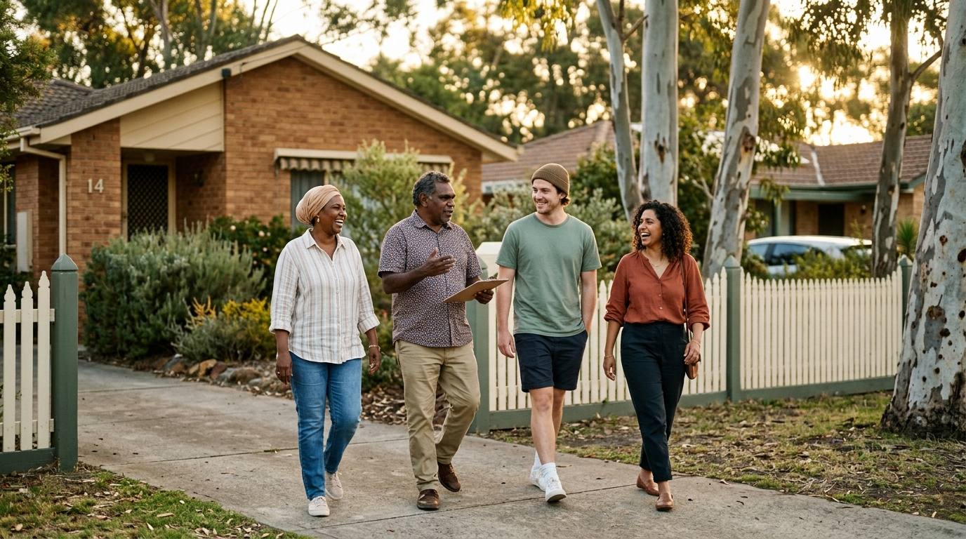A multicultural team of AllCare support workers walking together in a suburban street