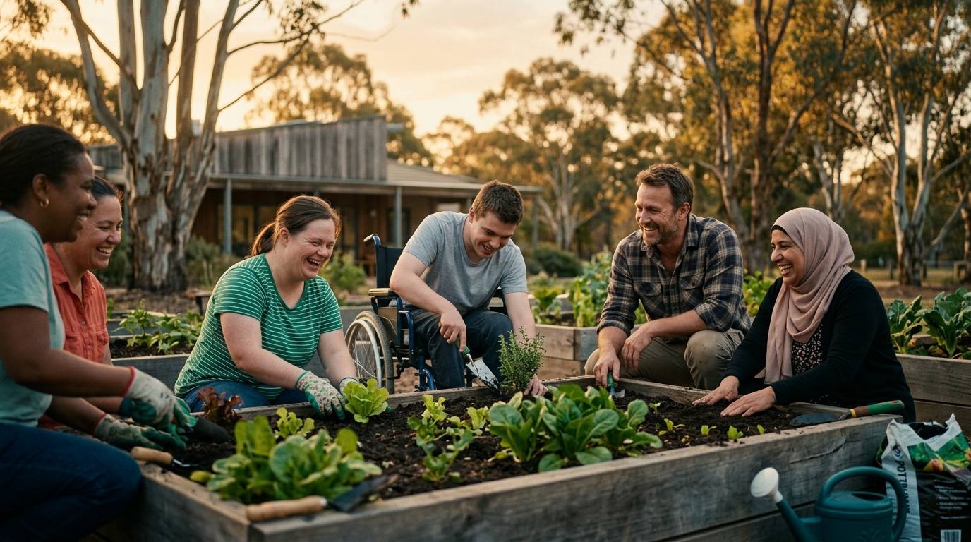 A day programme group planting seedlings together in a community garden at golden hour