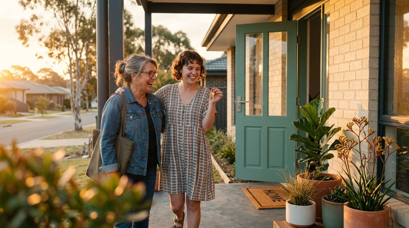 A happy participant holding the keys to her new home with her support worker at the front door