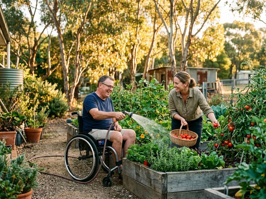Participant walking with a support worker outside an AllCare home