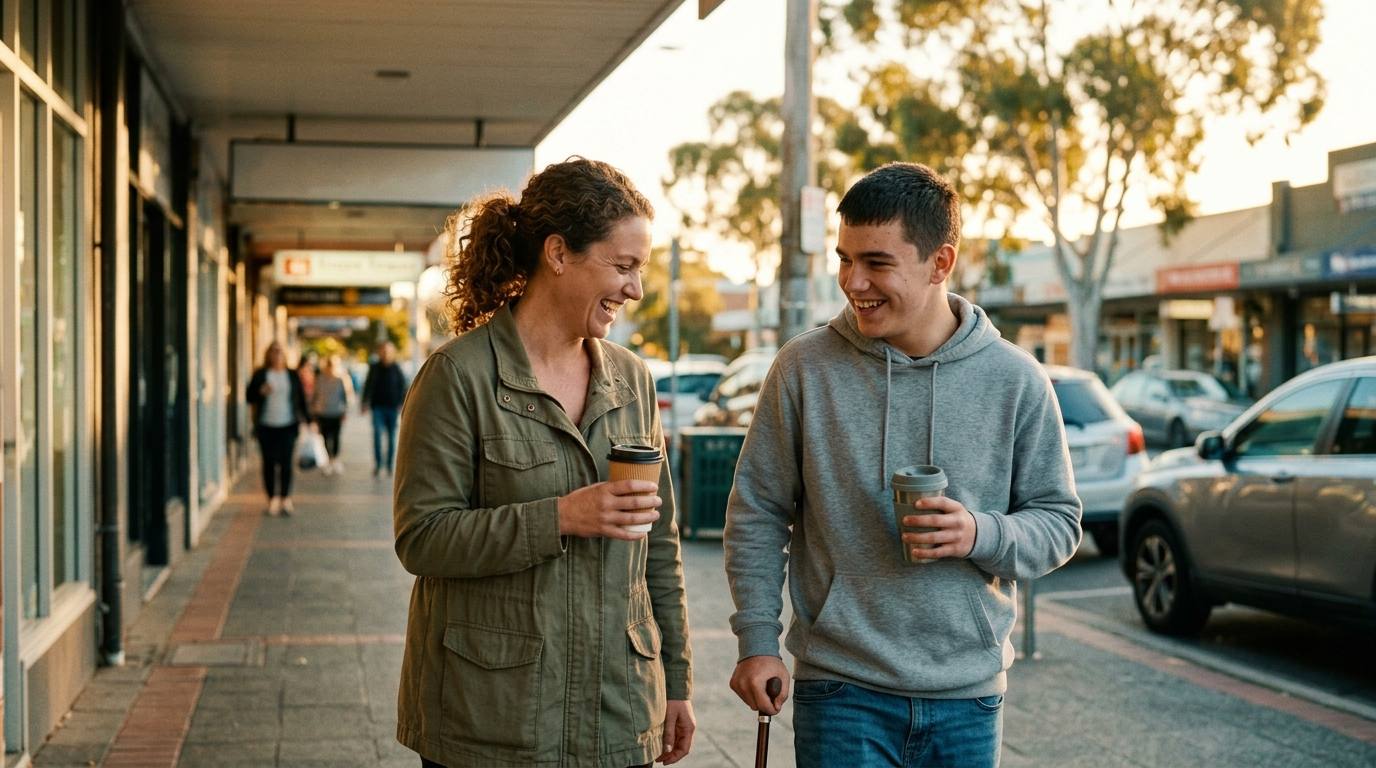A support worker and a young participant walking through their local community together